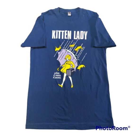 Vintage Tops - 2/$10 Kitten Lady when it rains it purred Front Graphic Print Shirt Tag Sz S